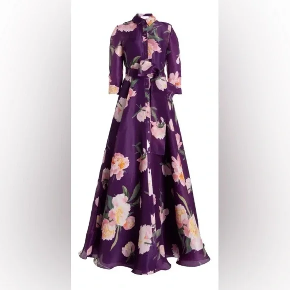 CAROLINA HERRERA Trench Gown in Fig Multi Purple Floral Belted Dress Size 8 NWT - Picture 6 of 13